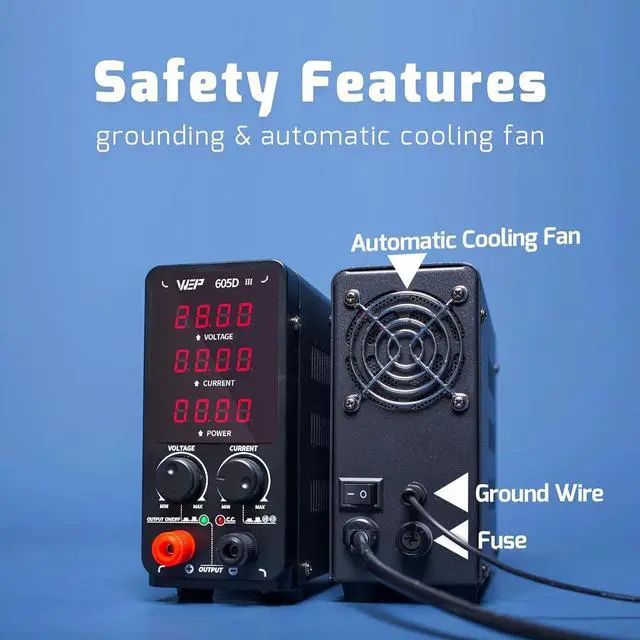 Alt view image 3 of 6 - 605D-III DC Variable Power Supply 60.00V 5.000A High Precision Bench Lab Power Supply with Alligator Clips for anodizing kit, Electroplating, arduino, breadboard