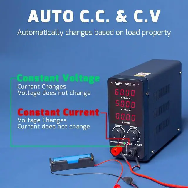 Alt view image 6 of 6 - 605D-III DC Variable Power Supply 60.00V 5.000A High Precision Bench Lab Power Supply with Alligator Clips for anodizing kit, Electroplating, arduino, breadboard