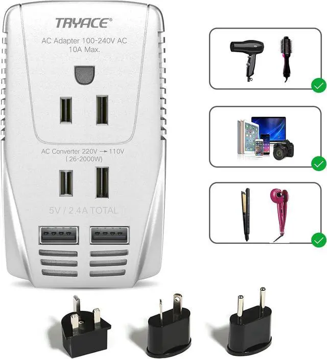Main image of 2000W Travel Voltage Converter Step Down 220v to 110v Power Converter for Hair Dryer Straightener Curling Iron, 10A Power Adapter with 2 USB Charging EU/UK/AU/US Worldwide Plug for Phone Gray