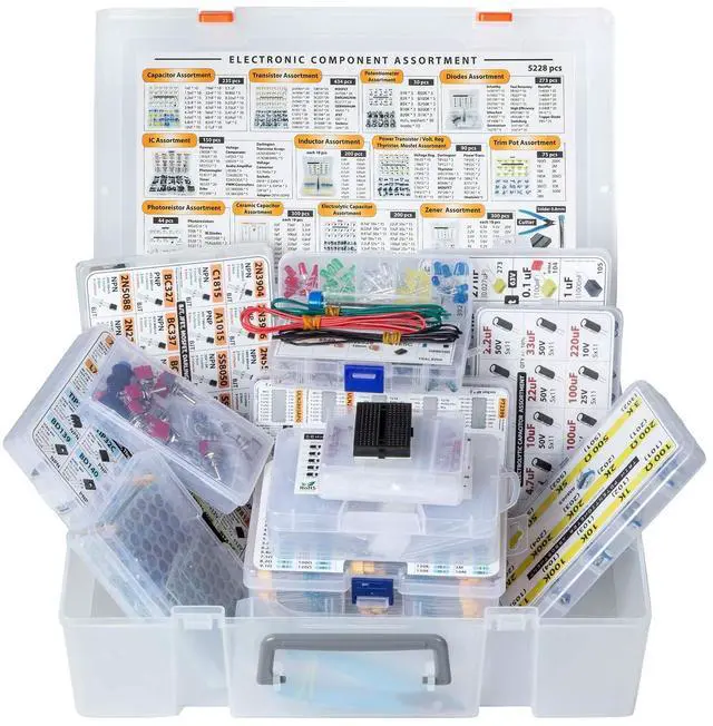 Main image of Electronic Component Assortment Box Kit, 5228 pcs, Capacitors, Transistors, Potentiometers, Diodes, ICs, Inductors, Regulators, Mosfets, Trim Pots, LEDs, PCB, Photoresistors, Terminals, Resistors