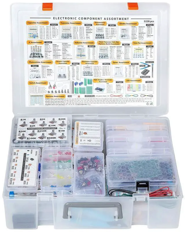 Alt view image 3 of 5 - Electronic Component Assortment Box Kit, 5228 pcs, Capacitors, Transistors, Potentiometers, Diodes, ICs, Inductors, Regulators, Mosfets, Trim Pots, LEDs, PCB, Photoresistors, Terminals, Resistors