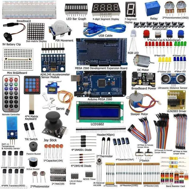 Main image of Ultimate STEM Electronic Projects Starter Kit for Arduino with Mega2560, LCD1602, Servo, Stepper Motor, Sensors, Breadboard, Jumper Wire, Resistor, Capacitor, Transistor and Tutorial