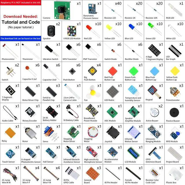 Alt view image 2 of 7 - Complete Starter Kit for Raspberry Pi 5 4 B 3 B+ 400 Zero 2 W, 1170-Page Tutorial, Python C Java Scratch Processing Code, 386 Items, 164 Projects, Camera Speaker (Raspberry Pi NOT Included)