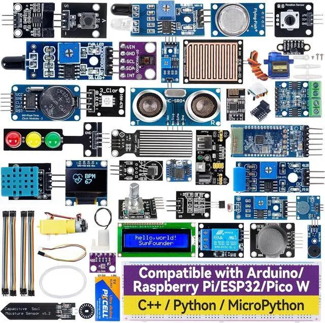 Main image of SunFounder Universal Maker Sensor Kit Compatible with Arduino Mega 2560/Uno R3/R4 Minima/WiFi Nano, Raspberry Pi 5/4B/3B+/Zero 2 W/, Pico W, ESP32, C++, Python, MicroPython, Beginners & Engineers