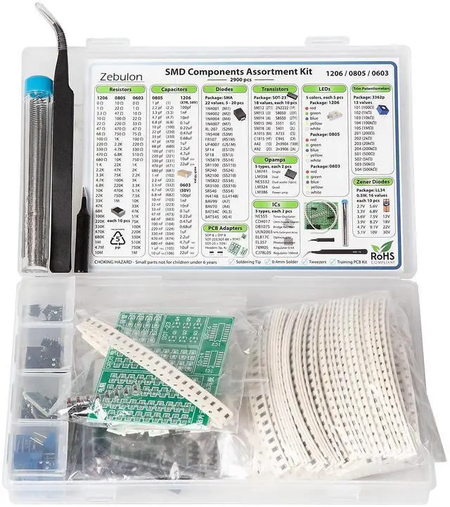 Main image of 2900 pcs SMD 1206 0805 0603 Component Assortment, Resistor, Capacitor, Diode, Transistor, OpAmp, IC, Solder, PCB, SMT Soldering Assorted Kit