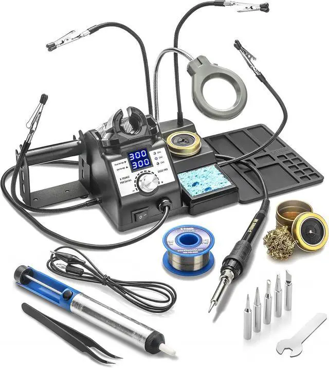 Main image of 3060-PRO  75W Soldering Iron Station Kit  5 Extra Tips  Mini Mag Lamp  4 Helping Hands  Solder Sucker  Tweezers  50g Solder  Brass Sponge w/Flux  Sleep Func, °C/°F, 3 Temp Presets!