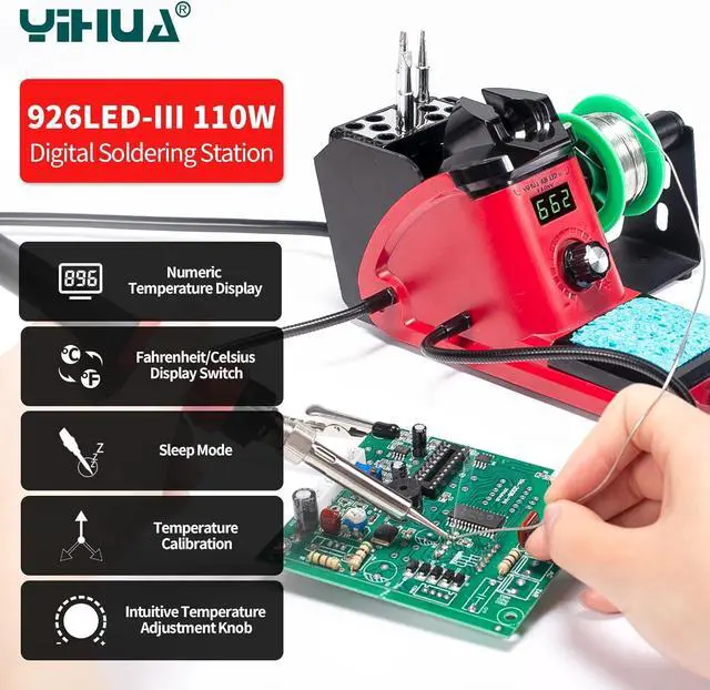 Alt view image 4 of 7 - 926 III 110W Soldering Iron Station Kit with LED Display, 2 Helping Hands, 3 Extra Iron Tips, 35g Lead-Free Solder, Solder Sucker, S/S Tweezers, °C/°F Conversion, Calibration & Sleep Features
