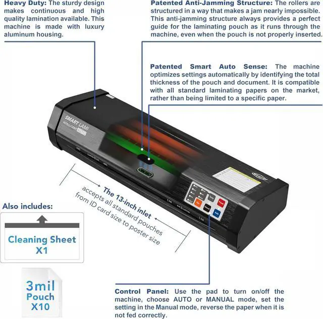 Alt view image 3 of 7 - Auto Sense, 3-10 mil Laminating Machine for Office and School, 50-Second Warm-up, 40 Inches/Minute, Never-Jam, Heavy Duty, 13-inch Thermal Laminator Machine 11x17