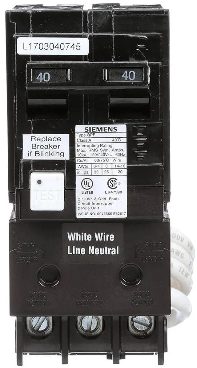 Alt view image 2 of 4 - QF240A Ground Fault Circuit Interrupter, 40 Amp, 2 Pole, 120/240 Volt, 10,000 AIC