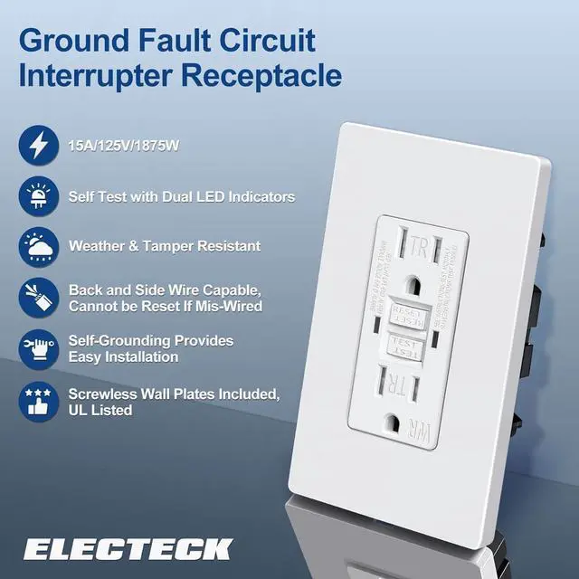 Alt view image 2 of 7 - ELECTECK 10 Pack GFCI Outlets 15 Amp, Outdoor Weather Resistant (WR), Self-Test GFI Receptacles with LED Indicator, Ground Fault Circuit Interrupter, Screwless Wallplate Included, UL Listed, White