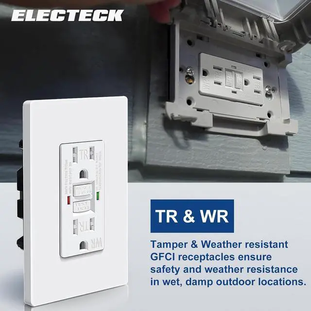 Alt view image 4 of 7 - ELECTECK 10 Pack GFCI Outlets 15 Amp, Outdoor Weather Resistant (WR), Self-Test GFI Receptacles with LED Indicator, Ground Fault Circuit Interrupter, Screwless Wallplate Included, UL Listed, White
