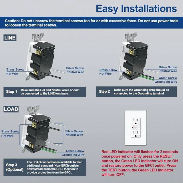 Alt view image 7 of 7 - ELECTECK 10 Pack GFCI Outlets 15 Amp, Outdoor Weather Resistant (WR), Self-Test GFI Receptacles with LED Indicator, Ground Fault Circuit Interrupter, Screwless Wallplate Included, UL Listed, White