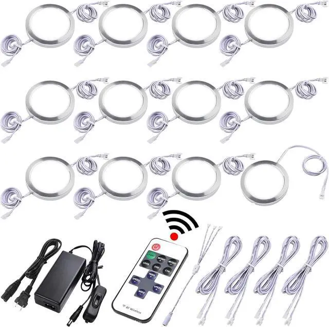 Main image of Small LED Puck Lights for Uplight or Downlight, 120V Hardwired & Plug in Cabinet Lights Kit, Wireless RF Remote Control Dimmable, Daisy Chained Linkable, White Wires, Daylight, 12 Lights