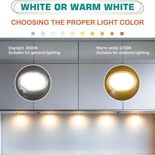 Alt view image 5 of 7 - Small LED Puck Lights for Uplight or Downlight, 120V Hardwired & Plug in Cabinet Lights Kit, Wireless RF Remote Control Dimmable, Daisy Chained Linkable, White Wires, Daylight, 12 Lights