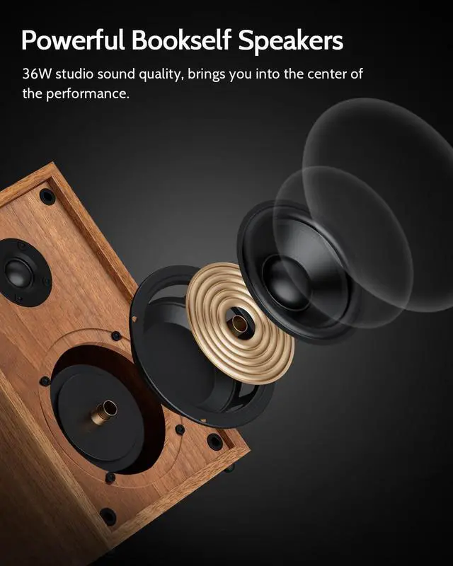 Alt view image 4 of 7 - Bluetooth Turntable HiFi System with 36 Watt Bookshelf Speakers, Patend Designed Vinyl Record Player with Magnetic Cartridge, Bluetooth Playback and Auto Off