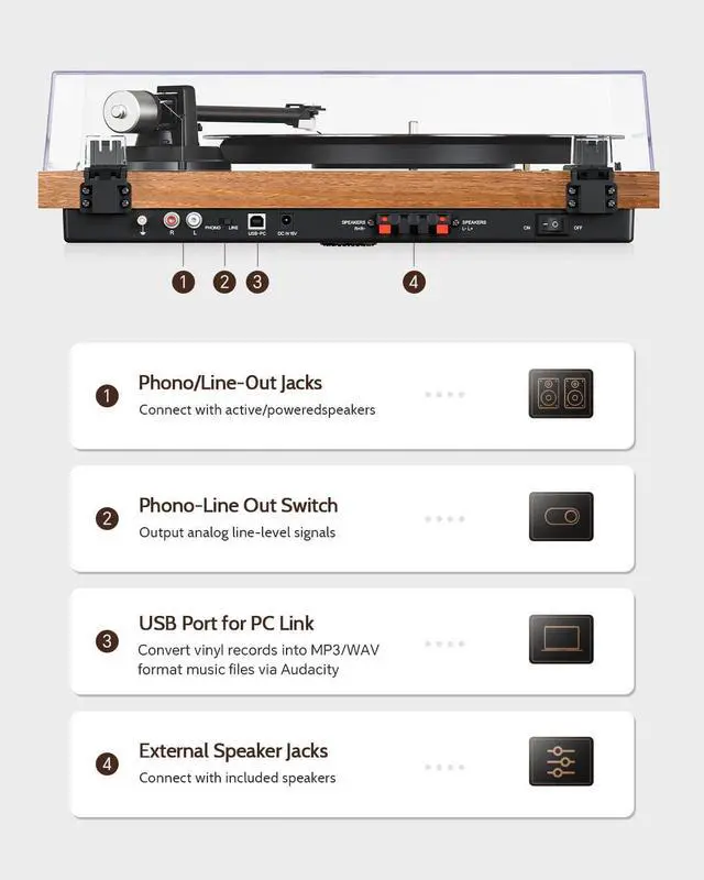 Alt view image 6 of 7 - Bluetooth Turntable HiFi System with 36 Watt Bookshelf Speakers, Patend Designed Vinyl Record Player with Magnetic Cartridge, Bluetooth Playback and Auto Off
