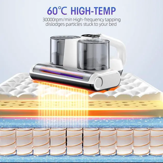 Alt view image 4 of 7 - Bed Vacuum Cleaner Mattress Vacuum with UV 16Kpa Suction HEPA Filter 253.7nm UV-C Light & 30000 Rpm/Min Brushroll Rotation & Heating & Ultrasonic Quintuple Tech , Widened Suction Port, 500W, Corded