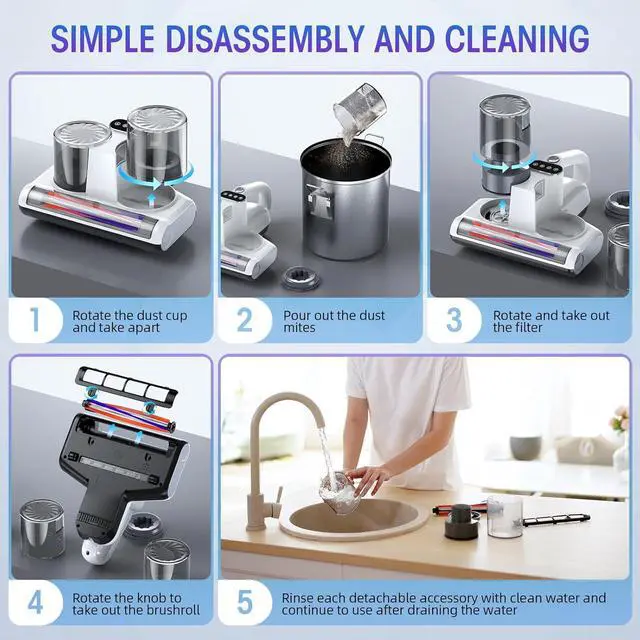 Alt view image 6 of 7 - Bed Vacuum Cleaner Mattress Vacuum with UV 16Kpa Suction HEPA Filter 253.7nm UV-C Light & 30000 Rpm/Min Brushroll Rotation & Heating & Ultrasonic Quintuple Tech , Widened Suction Port, 500W, Corded