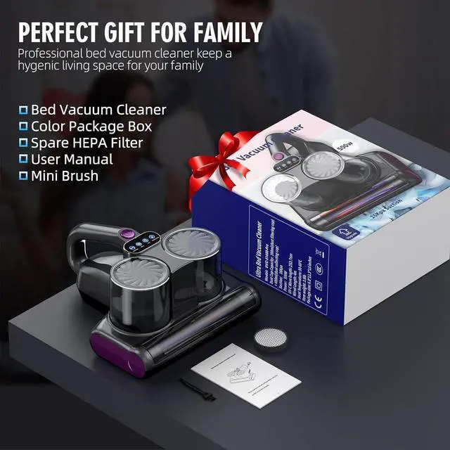 Alt view image 6 of 7 - Mattress Vacuum Bed Vacuum Cleaner with UV 16Kpa Suction HEPA Filter 253.7nm UV-C Light & 30000 Rpm/Min Brushroll Rotation & Heating & Ultrasonic Quintuple Tech, Widened Suction Port, 500W, Corded