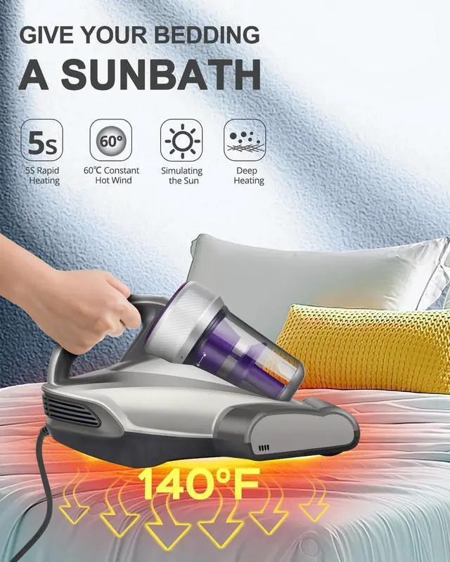 Alt view image 4 of 7 - Mattress Vacuum Cleaner, Anti-allergen Bed Vacuum Cleaner with UV-C Light & High Heating Tech, 14Kpa Suction 480W Powerful Handheld Vacuums for Dust & Pet Hair(JV35, Corded)