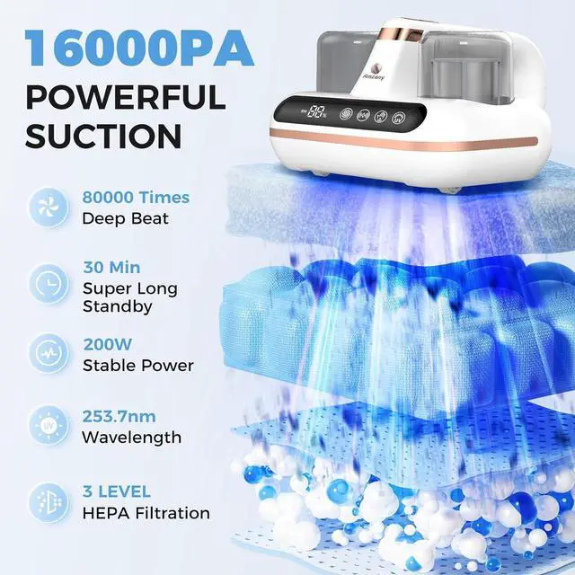 Alt view image 2 of 7 - Bed Vacuum Cleaner - 5-in-1 Cordless Mattress Vacuum Cleaner, Powered by UV-C Light & Ultrasonic Technology, 16Kpa Strong Suction,Low Noise,Suitable for Dust, Pet Hair, Etc.
