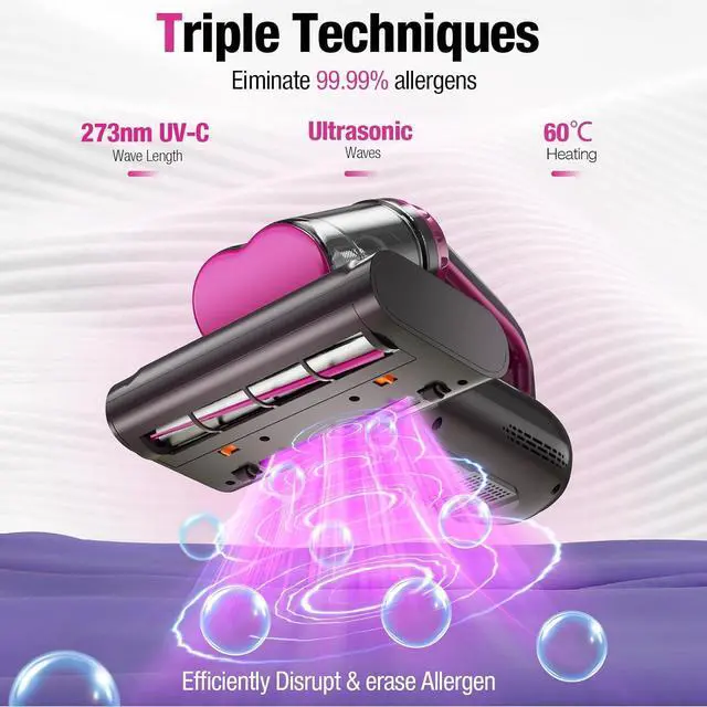 Alt view image 4 of 7 - Mattress Vacuum Cleaner 15Kpa Bed Vacuum Cleaner 273nm UV-C Light & Ultrasonic Heating Tech 400W Handheld Vacuum Wide Suction Port 0.6L Capacity Double Cup for Pillows Cribs Sofa Black Corded