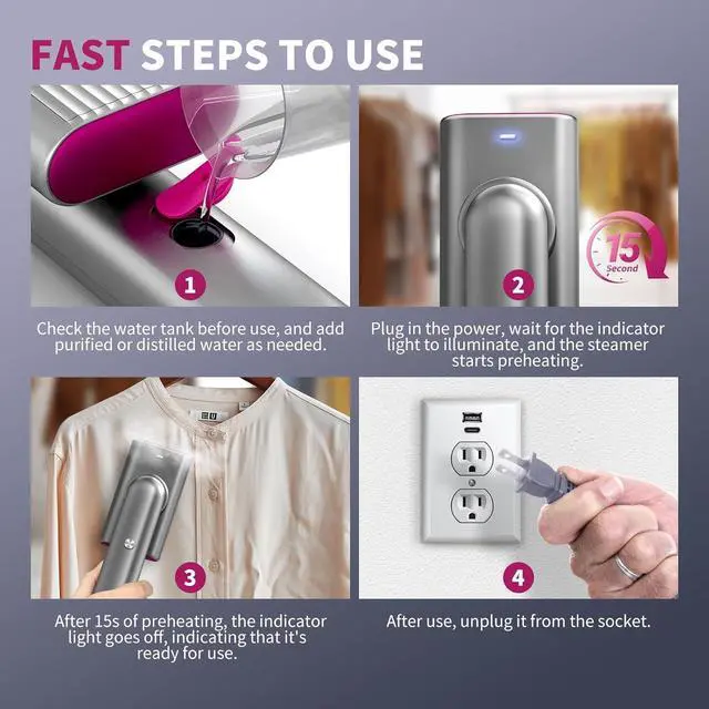 Alt view image 6 of 7 - Steamer for Clothes, Portable Travel Handheld Clothing Wrinkles Remover for Clothes, 15s Fast Heat-up, 70ml Water Tank with measuring cup,Portable Garment Steamer for 120V Countries, for Home, Travel