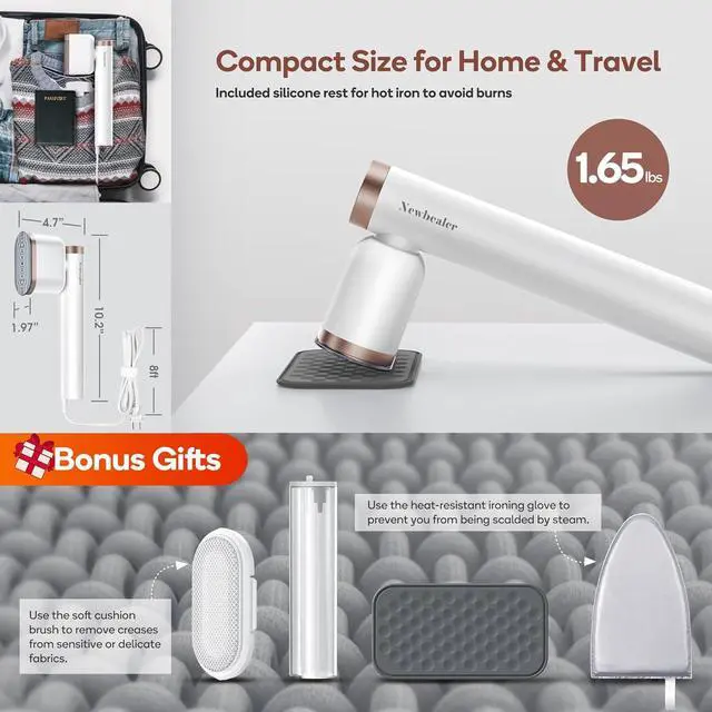 Alt view image 6 of 7 - 1200W Portable Steam Iron, 2 Steam Levels, Horizontal and Vertical Steaming, Dry Ironing, 15s Heat Up, Rotatable, 302°F Garment Wrinkle Remover (120V Only)