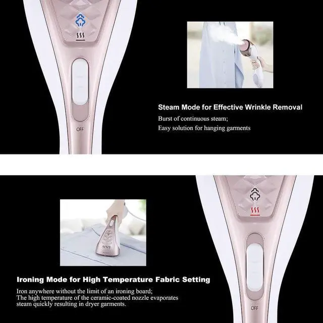 Alt view image 6 of 7 - Steamer for clothes Handheld Iron 2 in 1, 2 Steam Settings, for Both Vertical and Horizontal Garment Handling, Ceramic Coated Metal Steam Panel, 150 ml Big Water Tank, 1150 Watt Rose Gold