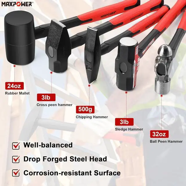 Alt view image 2 of 7 - 5-Piece Hammer Set - 3LB Sledge & Cross Peen, 500g Chipping, 32oz Ball Peen & 24oz Rubber Mallet