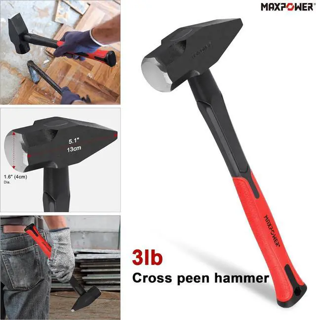 Alt view image 3 of 7 - 5-Piece Hammer Set - 3LB Sledge & Cross Peen, 500g Chipping, 32oz Ball Peen & 24oz Rubber Mallet