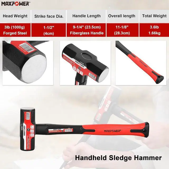 Alt view image 5 of 7 - 5-Piece Hammer Set - 3LB Sledge & Cross Peen, 500g Chipping, 32oz Ball Peen & 24oz Rubber Mallet