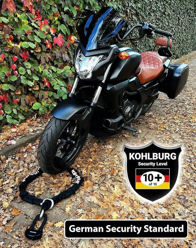 Alt view image 2 of 7 - 13 lbs massive motorcycle security chain lock - 5 ft long with our highest German Security Level 10plus of 10 - heavy duty steel chain 0.5" as anti theft motorcycle lock, scooter & ebike lock