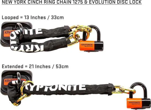 Alt view image 2 of 7 - New York 1275 Cinch Ring Bike Chain Lock, 2.5 Feet Long Heavy Duty Anti-Theft Sold Secure Gold Bicycle Chain Lock with Evolution Disc Lock and Keys for E-Bike, Motorcycle, Scooter