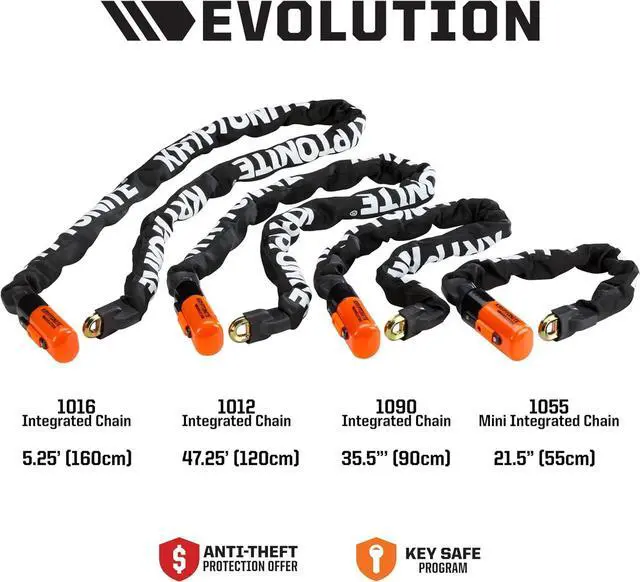 Alt view image 3 of 7 - 1016 Evolution 9.7 Pound Integrated Bike Chain - 5.25 ft Long 10mm Steel Chain with Keys for Bicycles; E-Bikes; Motorcycles; Scooters