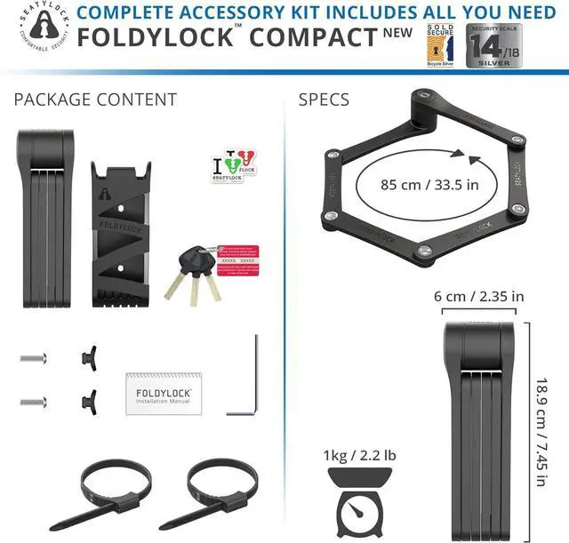 Alt view image 5 of 7 - FoldyLock Compact Folding Bike Lock - Award Winning Patented Lightweight High Security Bicycle Lock - Heavy Duty Anti Theft Smart Secure Guard with Keys & Case for Bikes or Scooters