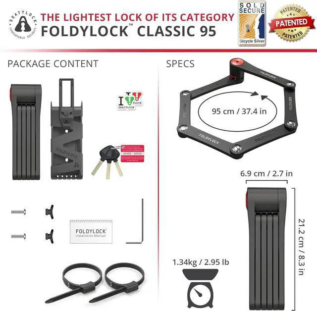 Alt view image 6 of 6 - FoldyLock Classic Folding Bike Lock - Patented High Security Sold Secure Silver Bicycle Lock - Heavy Duty Anti Theft Secure Guard with Keys & Case Mount - 37.4"