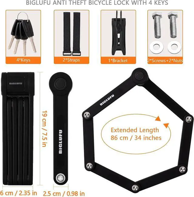 Alt view image 6 of 7 - Bike Lock Bicycle Scooter Motorcycle Folding Locks with 4Keys, Fold Chain Heavy Duty Alloy Steel Foldable Lock with Mounting Bracket 2pc Straps, 86cm/34 Unfolding, 1.92 lbs