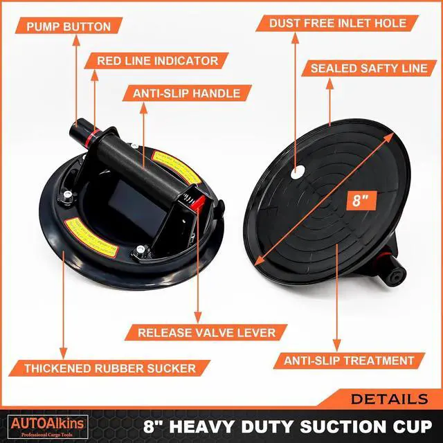 Alt view image 2 of 6 - 8" Heavy Duty Suction Cup to Lift Large Glass, Tile, Marble, Vacuum Suction Cups Lifter with Handle for Tiles, Windows, Glass Lifting, 240 lbs Load Capacity, Carrying Case (2 Pack)