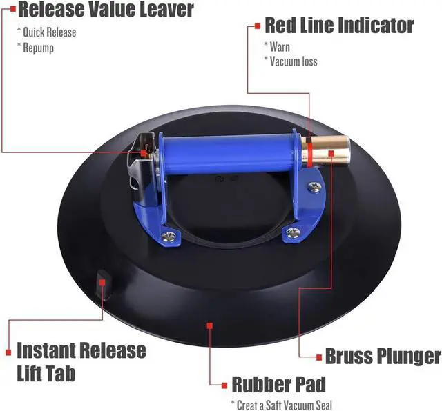 Alt view image 2 of 7 - Strong Glass Suction Cup Vacuum Glass Lifter with Metal Handle and Brass Pump, Heavy Duty Industrial Suction Plate for Granite & Glass Lifting Car Window Replacement