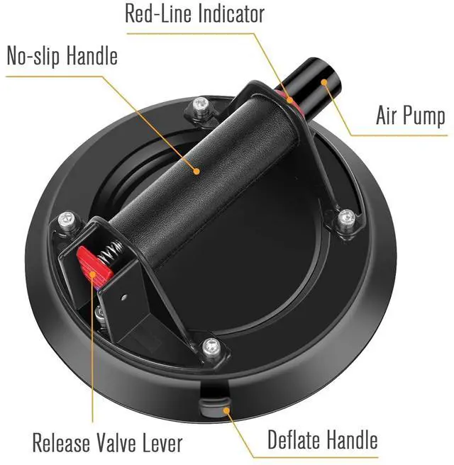 Alt view image 5 of 7 - Vacuum Glass Suction Cup to Lift Glass/Granite/Tile, 8.1 Inches Glass Suction Cups Offer 425 Pounds Load Capacity, Heavy Duty Glass Sucker Lifter with Carrying Case, Black, Pack of 2