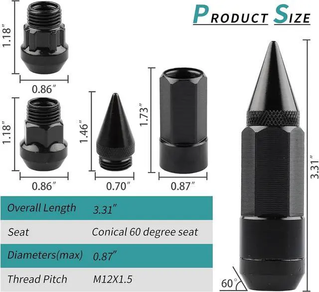 Alt view image 2 of 6 - 20PCS M12x1.5 Anti Theft Wheel Spikes Lug Nut,Replacement for 2006-2019 Fusion,2012-2019 Focus,2001-2019 Escape Aftermarket Wheel(Black)