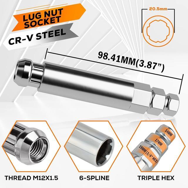 Alt view image 6 of 7 - 12mmx1.5 Wheel Spike Lug Nuts, 20 x M12x1.5 Lug Nut, 3.35 inch Tall Closed End Nuts with 1 Socket Key Compatible with Acura Honda Chevy Hyundai Toyota Lexus Mitsubishi(Chrome)