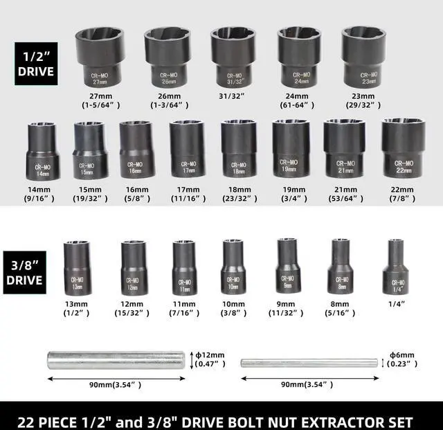 Alt view image 2 of 6 - 22 Piece Bolt Nut Extractor Set, 1/2" and 3/8" Drive Impact Lug Nut Remover Socket Tool, Wheel Lock Removal Kit for Extracting Damaged, Stripped Frozen Nuts & Screws Twist Socket Set