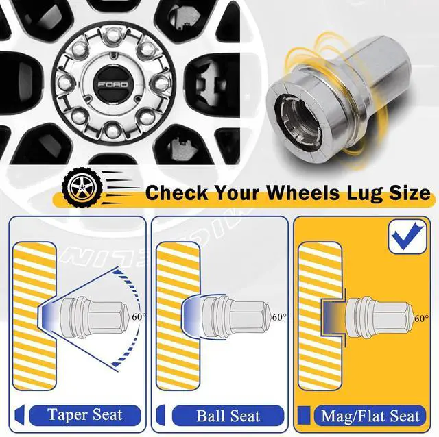 Alt view image 5 of 6 - 32PCS M14*1.5 Lug Nuts - 13/16" 21mm Hex 48mm Length Chrome OEM Factory Style Wheel Nuts with Attached Washers for 2017-2023 F250 F350 Super Duty HCPZ-1012-A HCPZ-1012-B