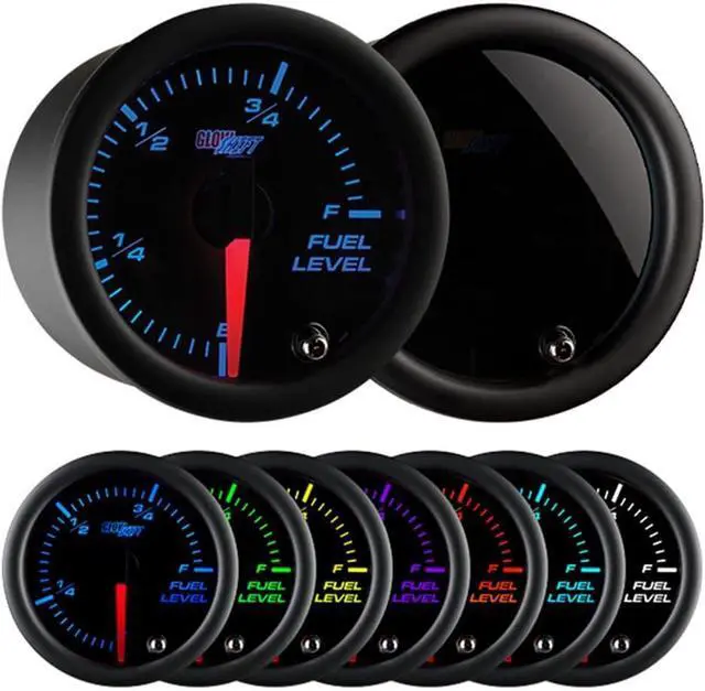 Main image of Tinted 7 Color Adjustable Fuel Level Gauge - Black Dial - Smoked Lens - for Gas & Diesel Vehicles - 2-1/16" 52mm