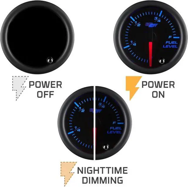 Alt view image 5 of 6 - Tinted 7 Color Adjustable Fuel Level Gauge - Black Dial - Smoked Lens - for Gas & Diesel Vehicles - 2-1/16" 52mm