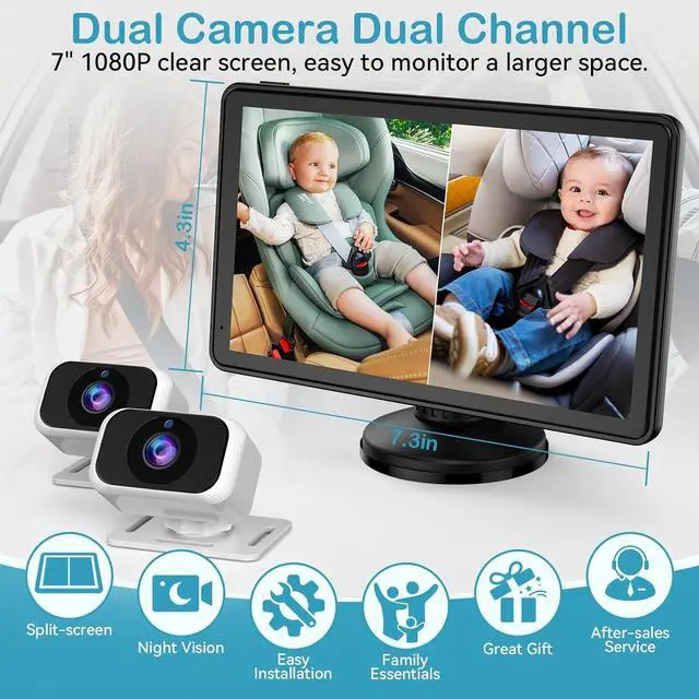 Alt view image 2 of 7 - Baby Car Camera for 2-Kids: 7 Inch IPS Display with Dual Carseat Camera, Split Screen, Night Vision, HD 1080P - Easy Install Rear Facing Backseat Camera for Twins