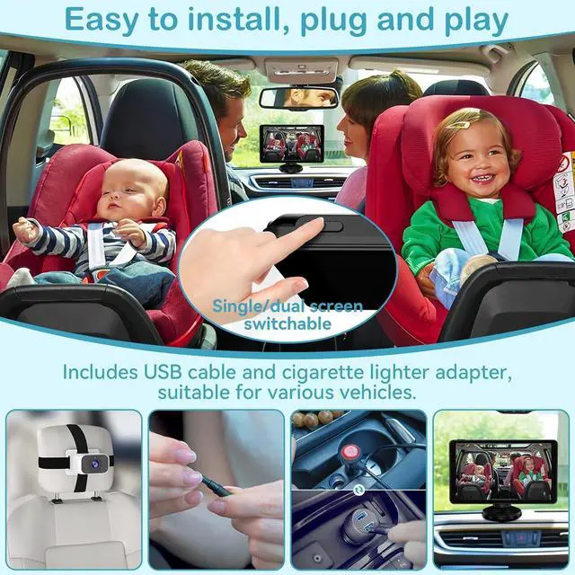 Alt view image 3 of 7 - Baby Car Camera for 2-Kids: 7 Inch IPS Display with Dual Carseat Camera, Split Screen, Night Vision, HD 1080P - Easy Install Rear Facing Backseat Camera for Twins