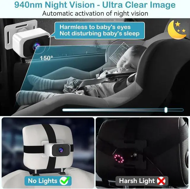 Alt view image 5 of 7 - Baby Car Camera for 2-Kids: 7 Inch IPS Display with Dual Carseat Camera, Split Screen, Night Vision, HD 1080P - Easy Install Rear Facing Backseat Camera for Twins